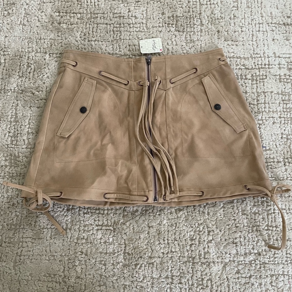 NWT Free People Tan Suede Mini Skirt with Lace-Up Details